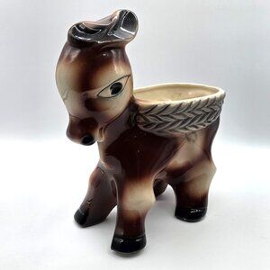 Vintage McCoy Ceramic Burro Donkey Basket Pattern Back Planter Brown Glaze Rare